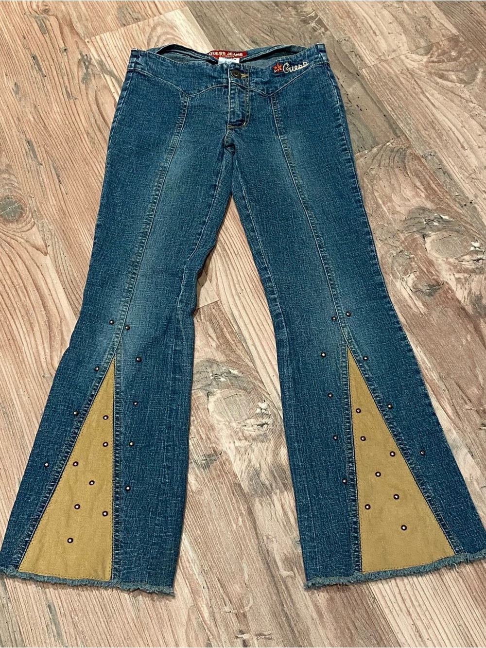 GUESS Blue Denim Flare Jeans with Tan Insets and Stud Detail